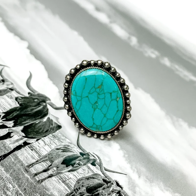 women's luxury ring-Silver Tone Oval Cuff Ring with Large Faux Stone in Turquoise