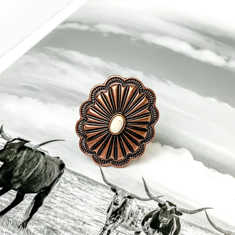 women's budget-friendly ring-Copper Tone Oval Concho Cuff Ring with Center Faux Stone in Ivory