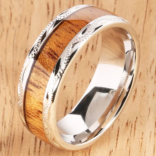 women's solitaire engagement ring-Sterling Silver Koa Wood Wedding Ring Hand-made Scroll Engraving 8mm