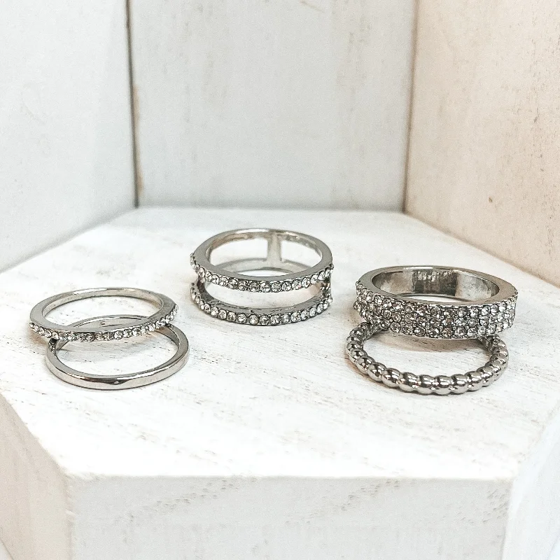 women's eternity ring-Set of 5 | Multi Textured Ring Set in Silver Tone with Clear CZ Crystals