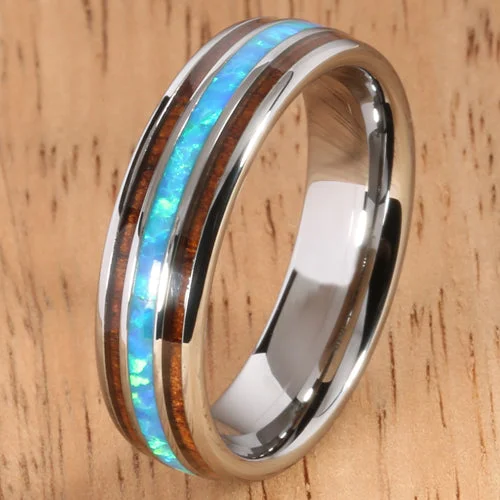 women's pre-engagement ring-Koa Wood Opal Tungsten Two Tone Wedding Ring Triple-row Center Opal 6mm Barrel Shape Hawaiian Ring