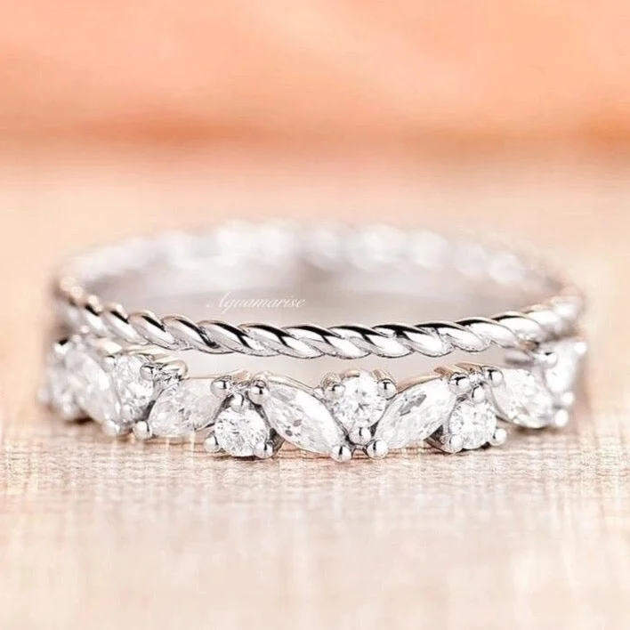 women's minimalist engagement ring-Willow Wedding Ring Set- 14K White Gold