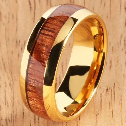 women's extravagant engagement ring-Yellow Gold Tungsten Natural Hawaiian Koa Wood Inlay Mens Wedding Ring Dome Shape 8mm Hawaiian Ring