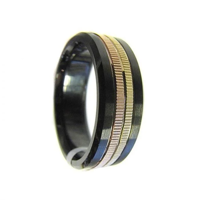 women's budget-friendly engagement ring-Men’s Black Cobalt Wedding Ring 14k Yellow & Rose Gold Coin Edge Inlay - 7.5 mm