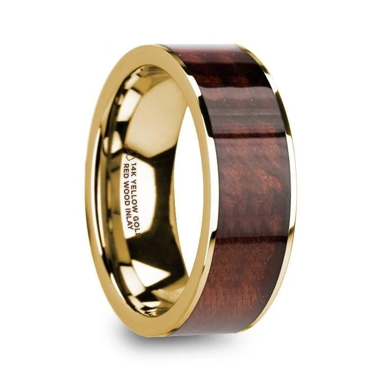 women's luxury engagement ring-PHOIBOS Men’s 14k Yellow Gold Flat Wedding Ring with Red Wood Inlay - 8mm