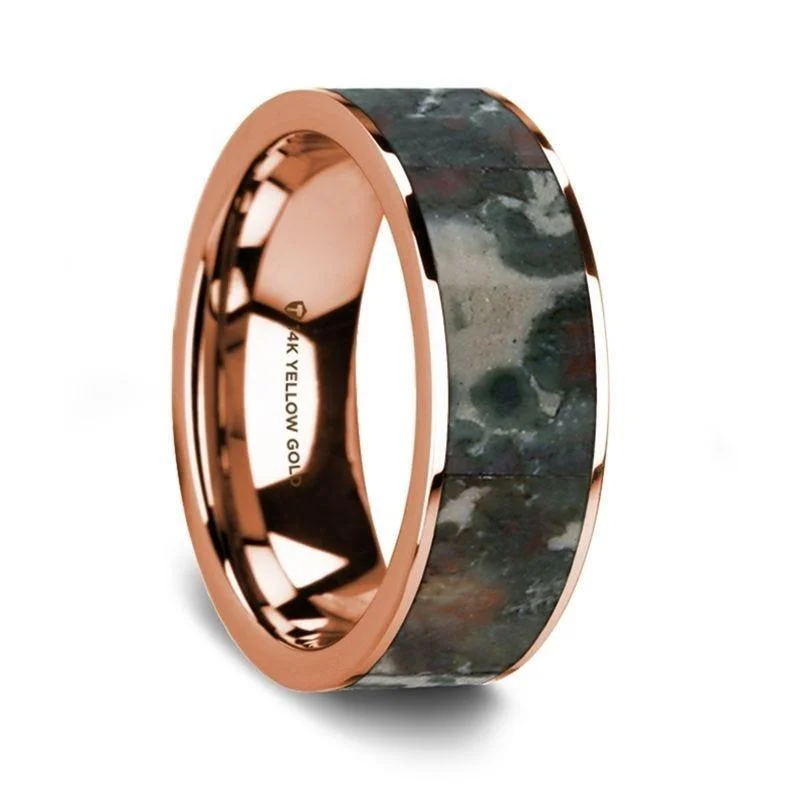 women's heirloom engagement ring-Flat Polished 14K Rose Gold Wedding Ring with Coprolite Fossil Inlay - 8 mm