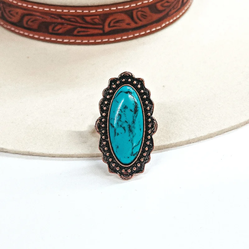 women's diamond ring-Oval Stone with Copper Tone Detailing Cuff Ring in Turquoise