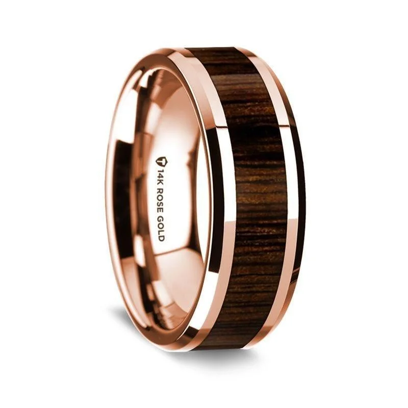 women's simple engagement ring-14k Rose Gold Polished Beveled Edges Wedding Ring with Black Walnut Inlay - 8 mm