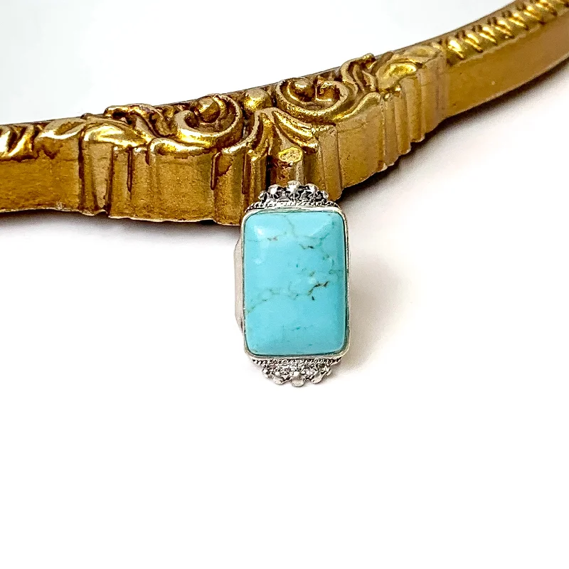 women's skull ring-Silver Tone Faux Rectangle Stone Cuff Ring in Turquoise