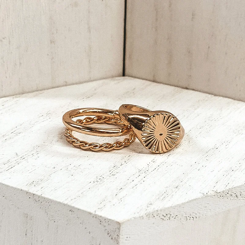 women's braided ring-Set of 2 | Rounded Sunburst Ring Set in Gold Tone