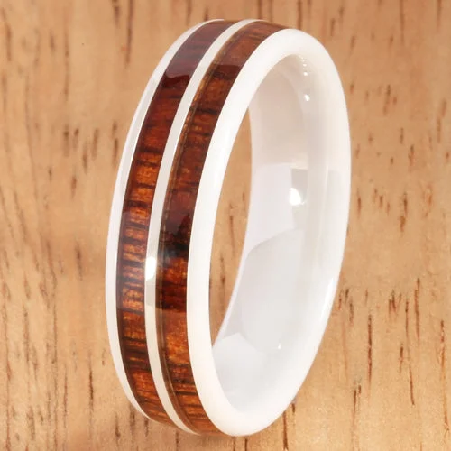 women's bezel-setting engagement ring-6mm Natural Hawaiian Koa Wood Inlaid High Tech White Ceramic Double Row Wedding Ring