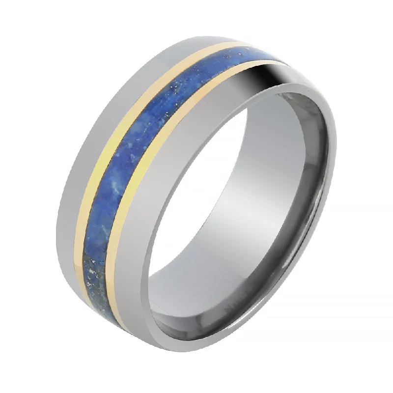 women's affordable engagement ring-Tantalum with 14K Yellow Gold and Lapis Lazuli Inlaid Wedding Ring Barrel 8mm