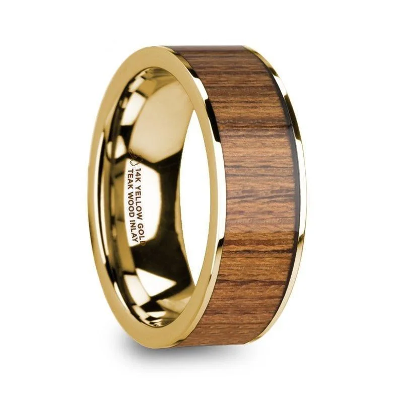 women's designer engagement ring-TERIS Men’s Polished 14k Yellow Gold Wedding Ring with Teak Wood Inlay - 8mm