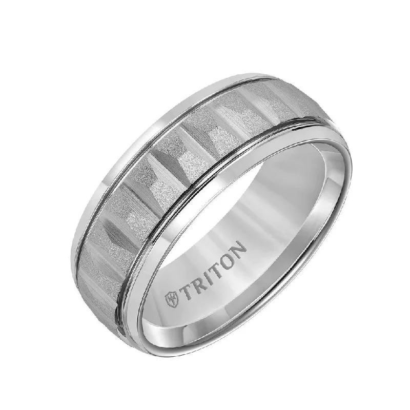 women's sapphire engagement ring-BLAN Grey Tungsten Soft Sand Finished Vertical Grooved Wedding Ring with Polished Edges by Triton Rings - 8mm