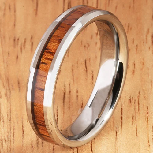 women's engagement ring-5mm Natural Hawaiian Koa Wood Inlaid Tungsten Beveled Edge Wedding Ring