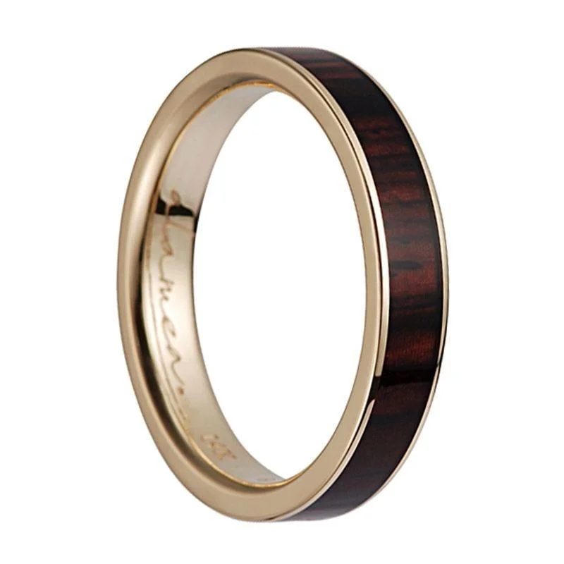 women's alternative engagement ring-14K Yellow Gold Women's Flat Wedding Ring With Cocobolo Wood Inlay - 4mm & 8mm