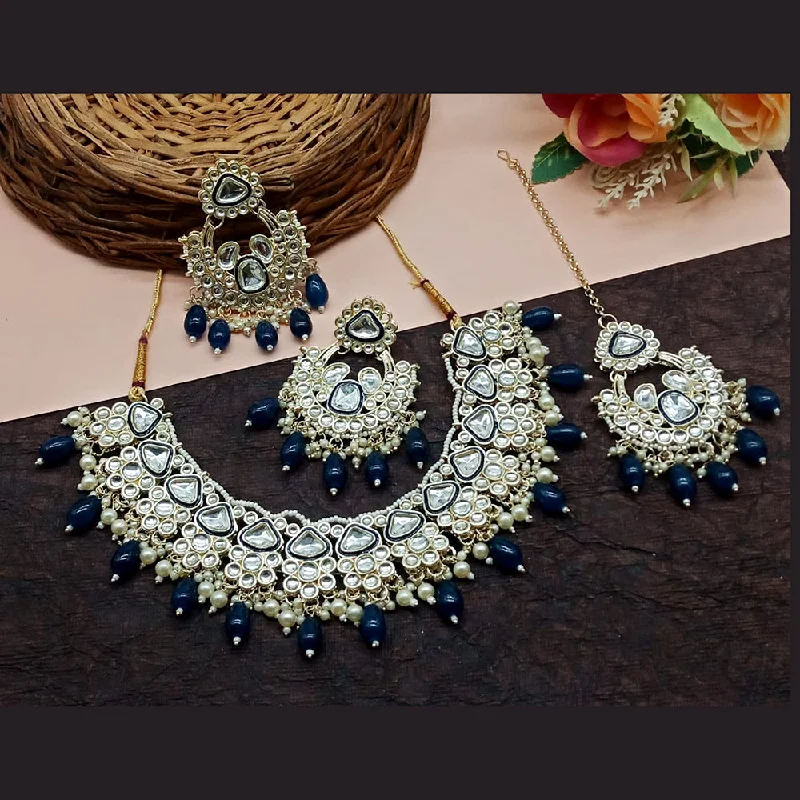 women's aquamarine necklace-India Art Gold Plated Kundan And Pearl Necklace Set