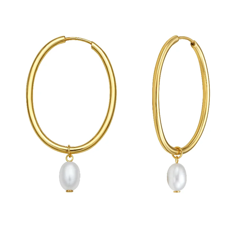 women's thick band ring-14K Pearl Drop Oval Hoops