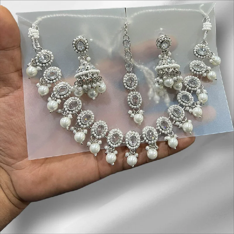 women's affordable necklace-Hira Collections Silver Plated Crystal Stone And Beads Necklace Set