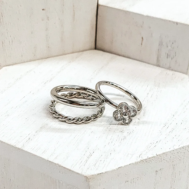 women's snake ring-Set of 2 | Clover Shaped Sunburst Ring Set in Silver Tone