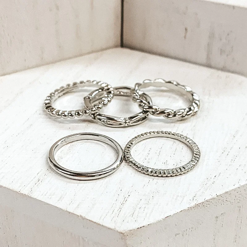 women's star ring-Set of 5 | Multi Textured Ring Set in Silver Tone