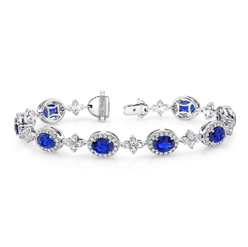 women's custom necklace-Uneek Oval Sapphire Bracelet with Floret-Shaped Diamond Cluster Links