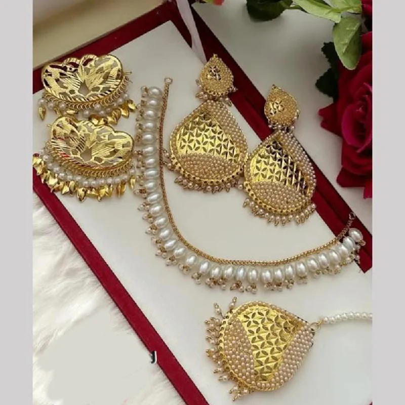 women's wedding necklace-FS Collection Gold Plated Pearl  Necklace Set