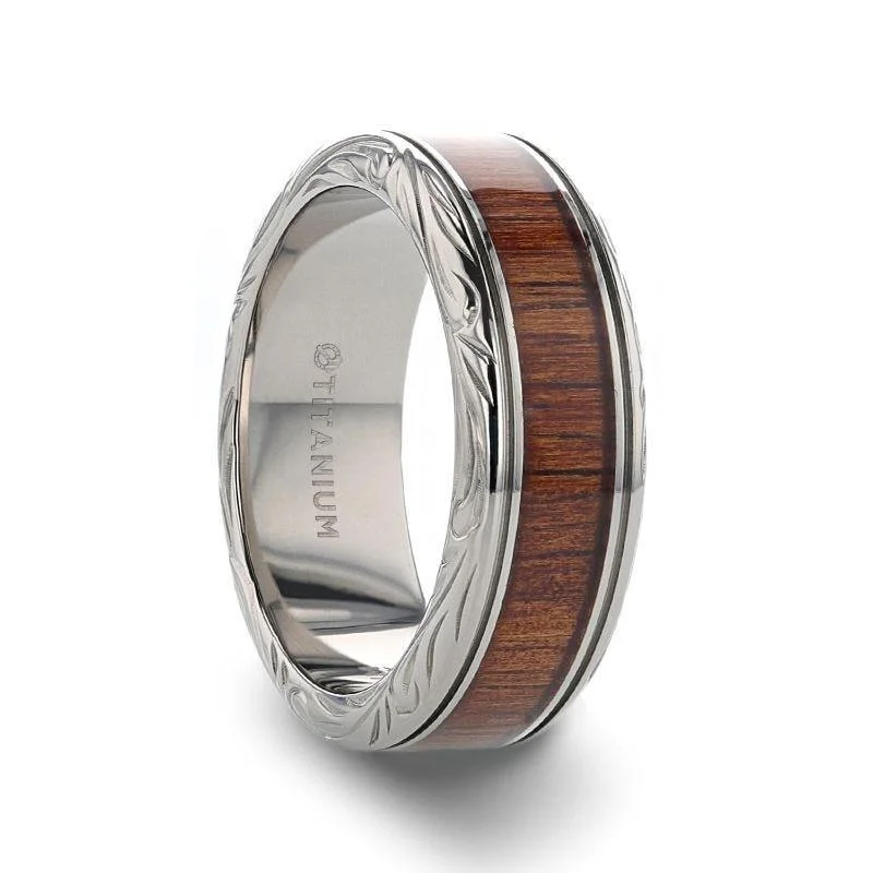 women's dainty engagement ring-OHANA Koa Wood Inlaid Titanium Men’s Wedding Ring with Intricate Edges - 6mm - 10mm