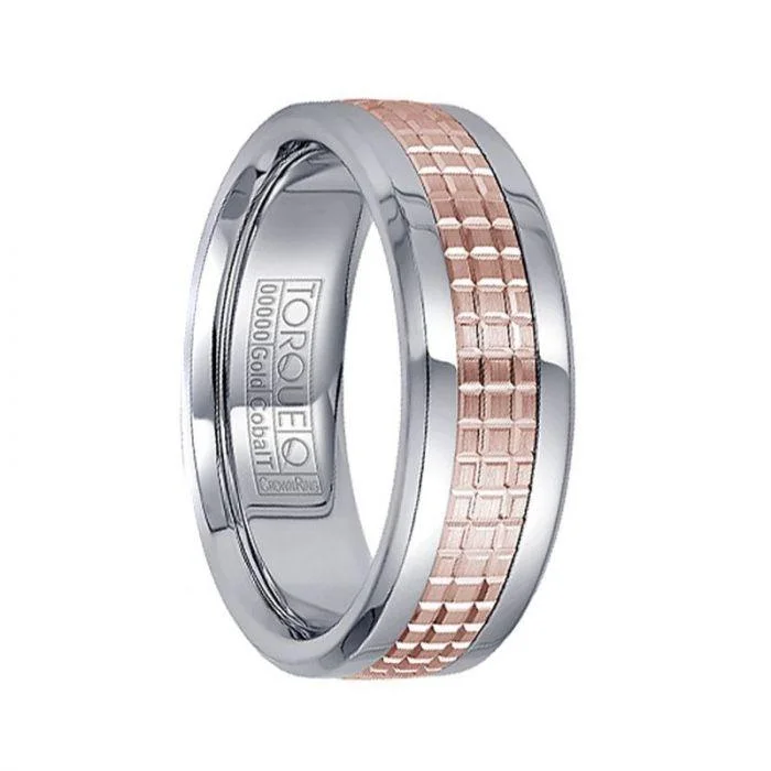 women's antique engagement ring-White Cobalt Men’s Wedding Ring Checkered Grooved 14k Rose Gold Polished Inlay - 7.5mm