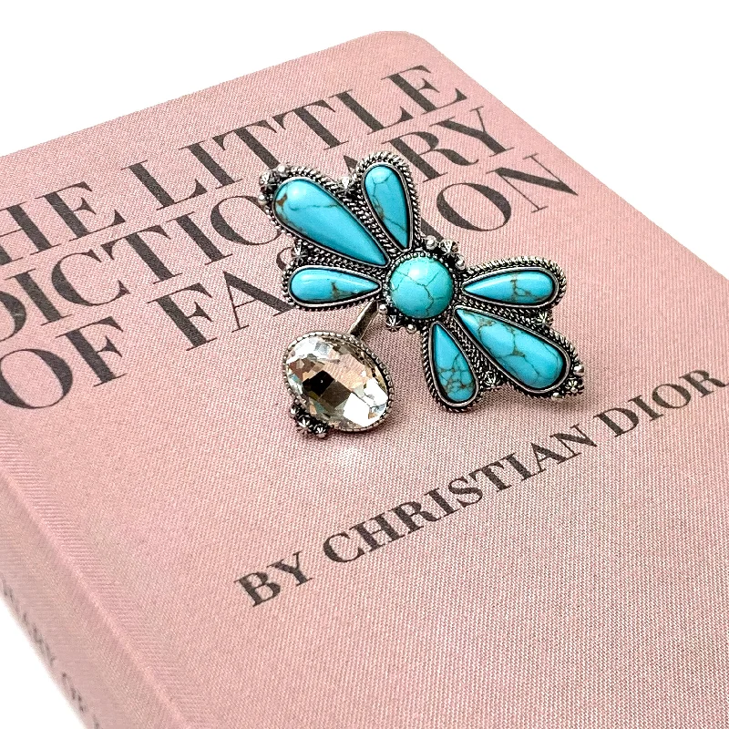 women's round ring-Western Faux Turquoise Butterfly Concho and Clear Crystal Cuff Ring