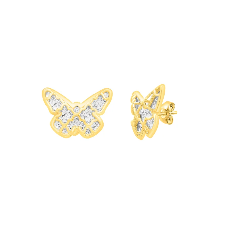 women's three-stone ring-14K Gold Diamond Cut Checkered Butterfly Studs