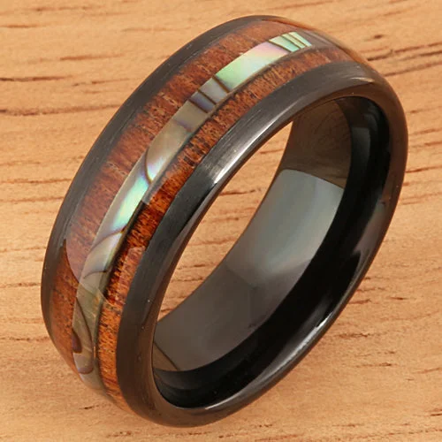 women's channel-setting engagement ring-Koa Wood Ring  Abalone Inlay Black Tungsten Wedding Ring Central Abalone 8mm Barrel Shape