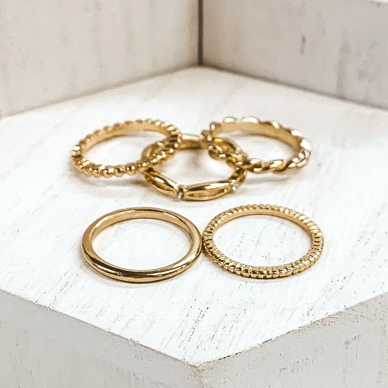 women's heart ring-Set of 5 | Multi Textured Ring Set in Gold Tone