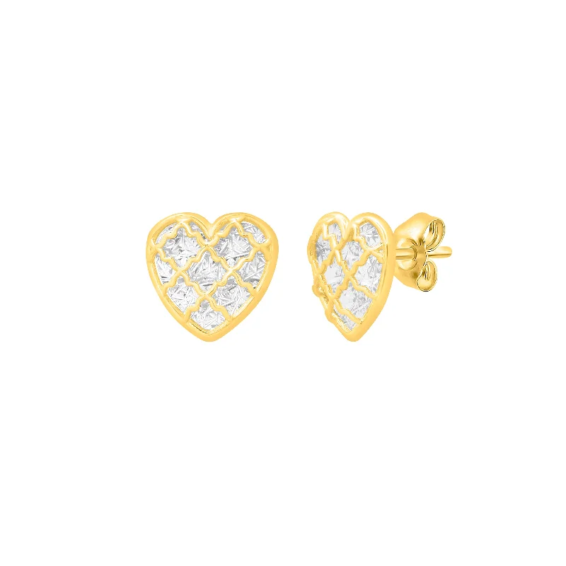 women's cocktail ring-14K Gold Diamond Cut Checkered Heart Studs