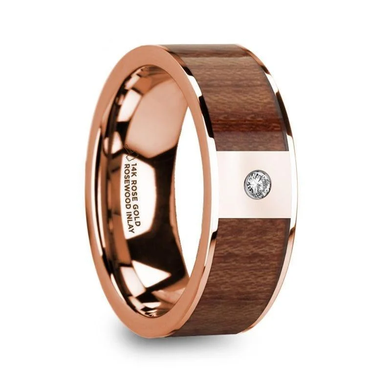 women's affordable engagement ring-THANASIS Polished 14k Rose Gold Men’s Wedding Ring with Rosewood Inlay & Diamond Center - 8mm