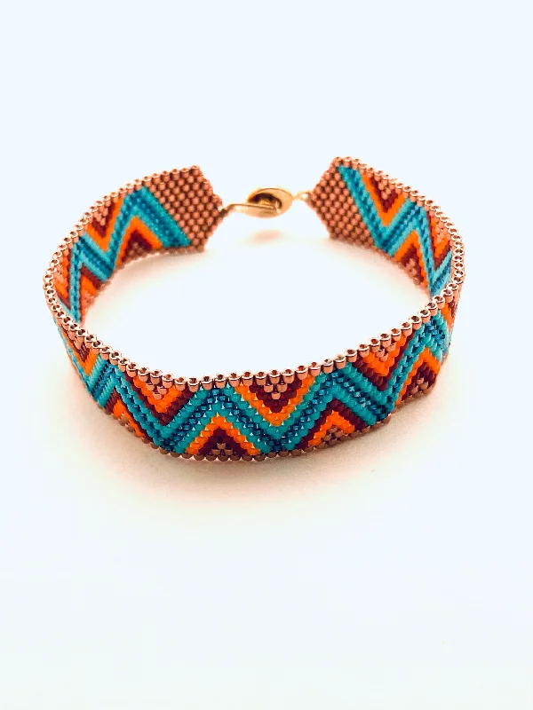 women's budget-friendly necklace-Beaded Chevron Bracelet, Blue, Dark Blue, Copper