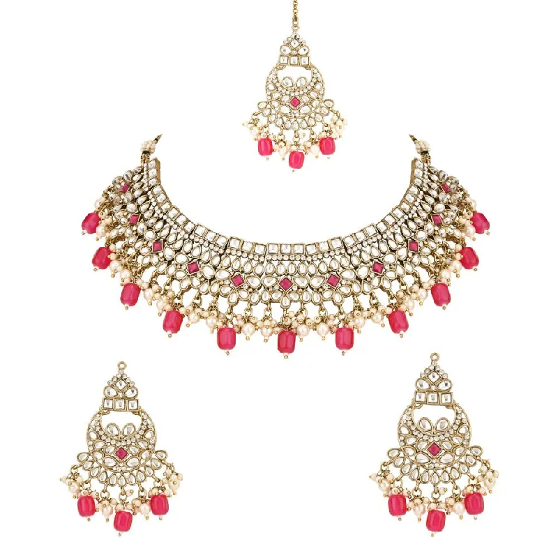 women's graduation gift necklace-Etnico Gold Plated Traditional Kundan Pearl Hanging Choker Necklace Jewellery Set With Earrings & Maang Tikka For Women & Girls (K7252Pi)