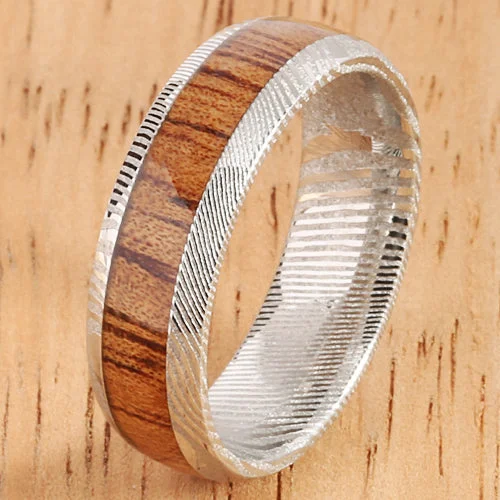 women's eternity engagement ring-Damascus Steel Koa Wood Inlay Wedding Ring 6mm