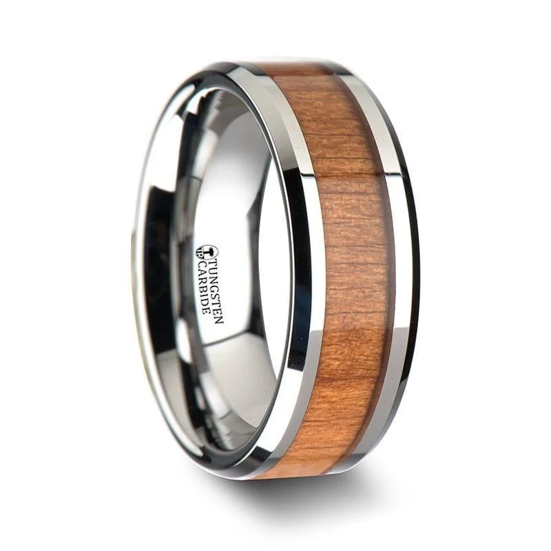 women's monogram engagement ring-BRUNSWICK Tungsten Wedding Ring with Polished Bevels and American Cherry Wood Inlay - 6mm - 10mm