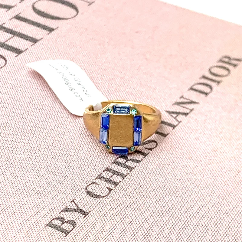 women's snake ring-Gold Tone Rectangle Shaped Ring with Mix of Blue Outline Crystals