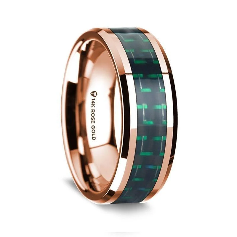 women's baroque engagement ring-14k Rose Gold Polished Beveled Edges Wedding Ring with Black and Green Carbon Fiber Inlay - 8 mm