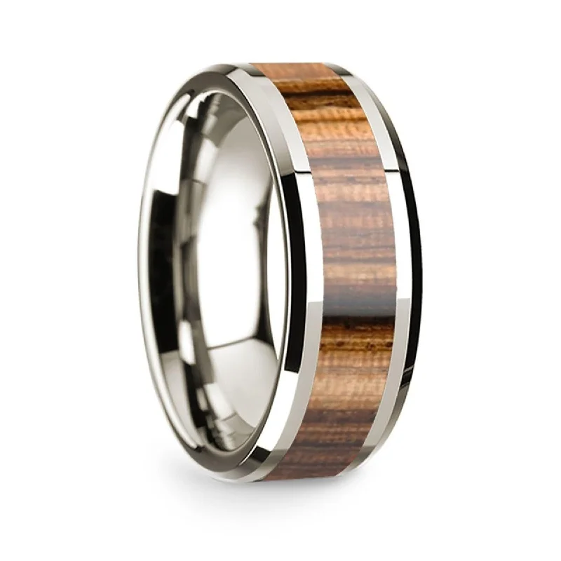 women's budget-friendly engagement ring-14k White Gold Polished Beveled Edges Wedding Ring with Zebra Wood Inlay - 8 mm