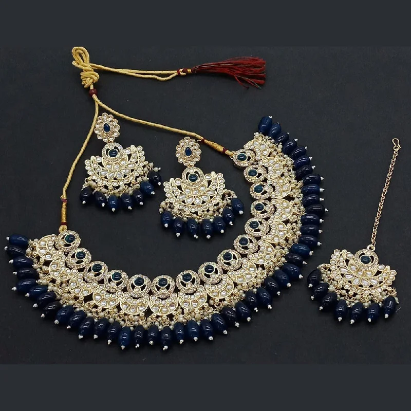 women's art deco necklace-Sai Fashion Gold Plated Kundan And Pearl Necklace Set