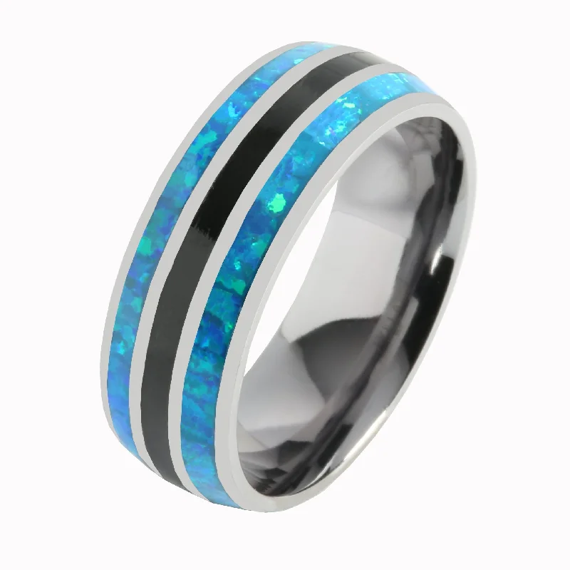 women's non-traditional engagement ring-Tantalum with Blue Opal and Onyx Inlaid Wedding Ring Barrel 8mm