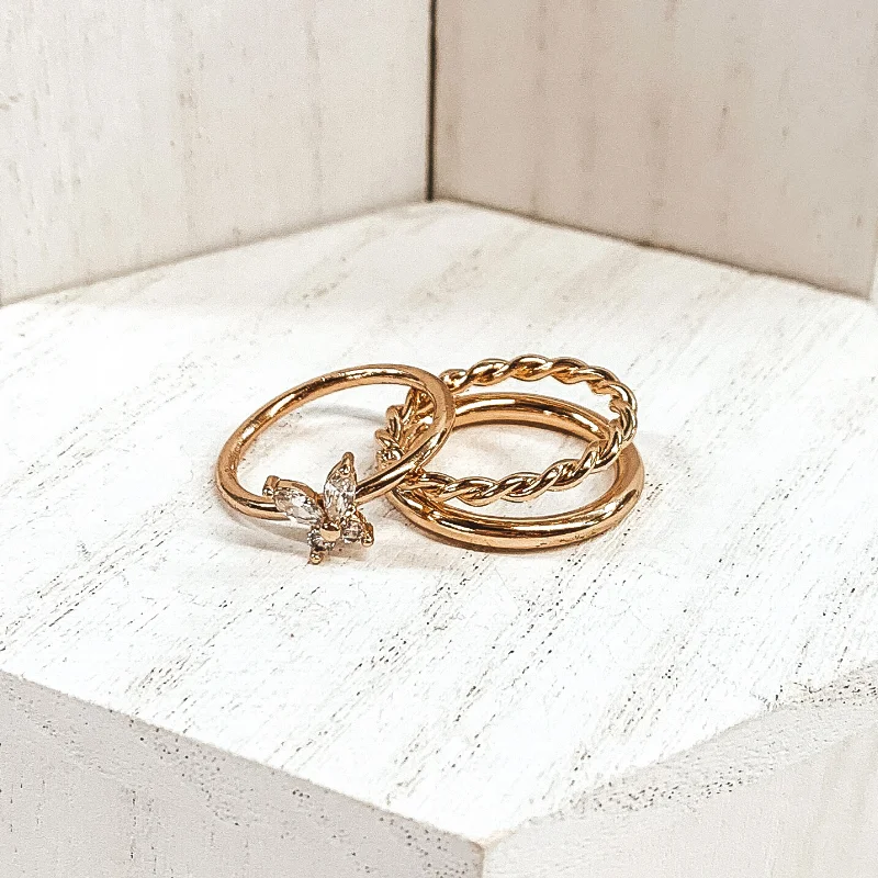 women's bezel setting ring-Set of 2 | Crystal Butterfly Ring Set in Gold Tone