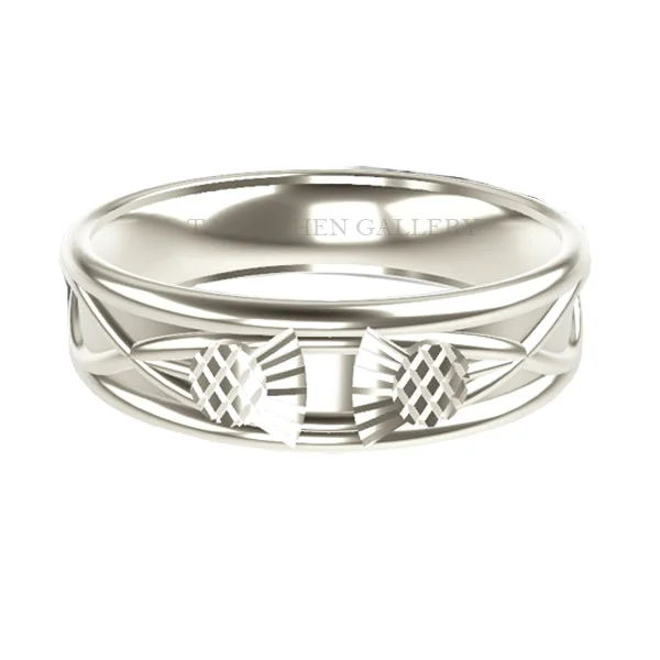 women's museum-quality engagement ring-WIDE SCOTTISH THISTLE CELTIC WEDDING RING IN COMFY FIT IN 9CT WHITE GOLD