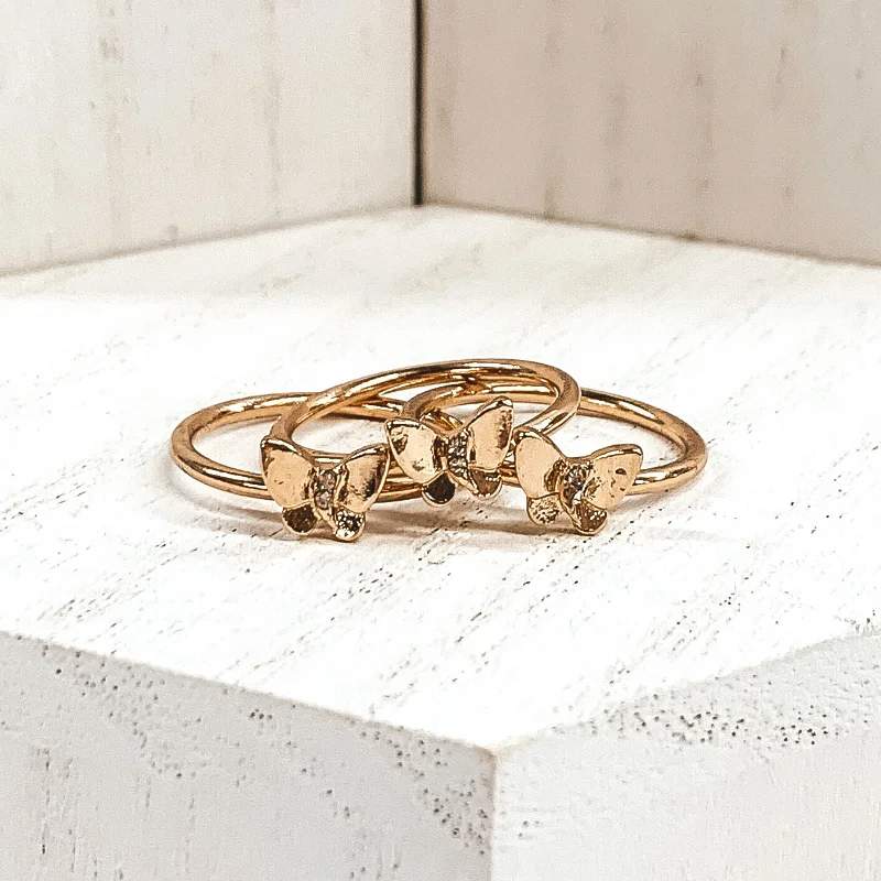 women's pear-shaped ring-Set of 3 | Butterfly Ring Set in Gold Tone