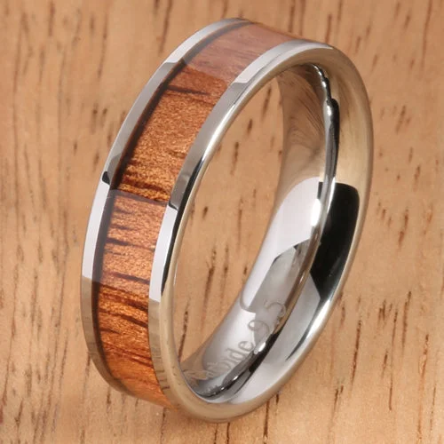 women's halo engagement ring-6mm Natural Hawaiian Koa Wood Inlaid Tungsten Flat Wedding Ring