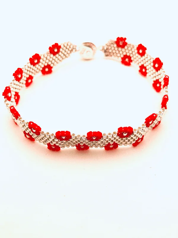 women's romantic necklace-Beaded Flower Edge Bracelet, Red and Silver