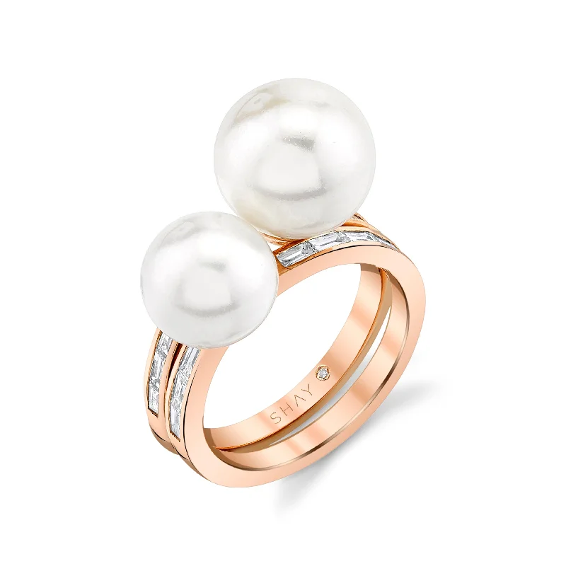 women's three-stone ring-READY TO SHIP PEARL & BAGUETTE DIAMOND 2 IN 1 RING